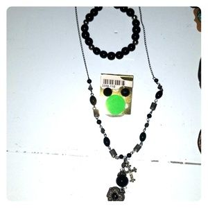 BLACK ONYX STERLING SILVER(Cross+Heart) NECKLACE ,BRACELET EARRINGS  3 PC SET